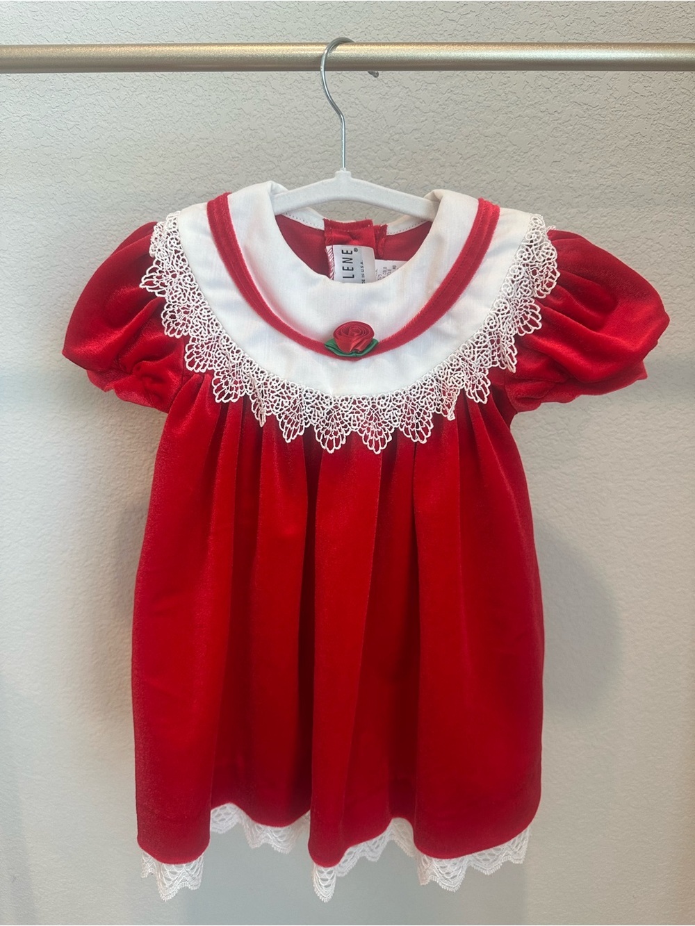 Vintage Jo Lene Red Velvet Lace Collar Girls Dress